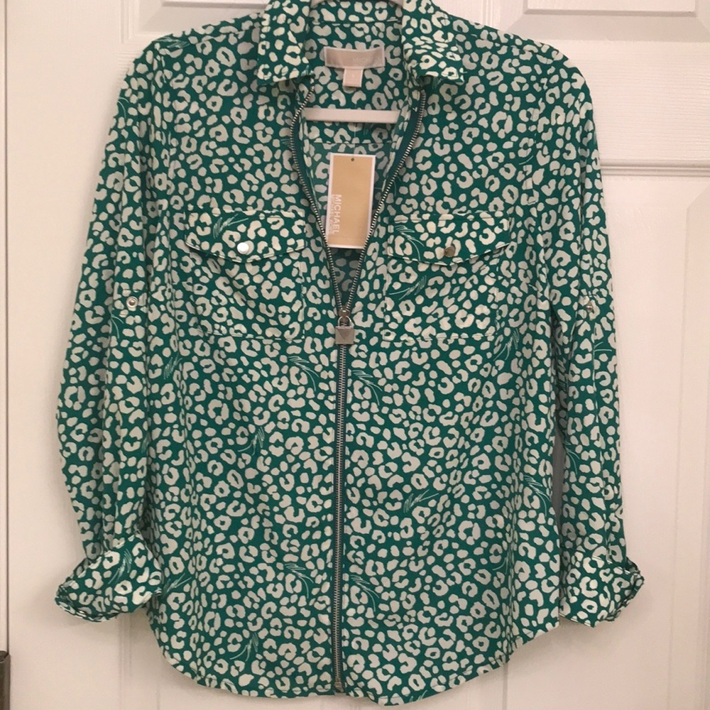 Michael Kors Green Animal Print blouse Sz S NWT